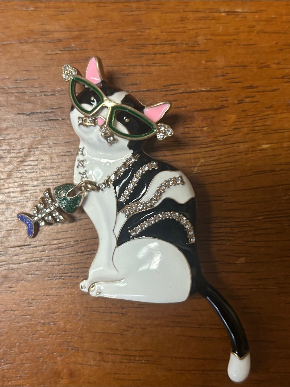 Chic Cat Brooch with Green Enamel Glasses and Rhinestone Fish Charm